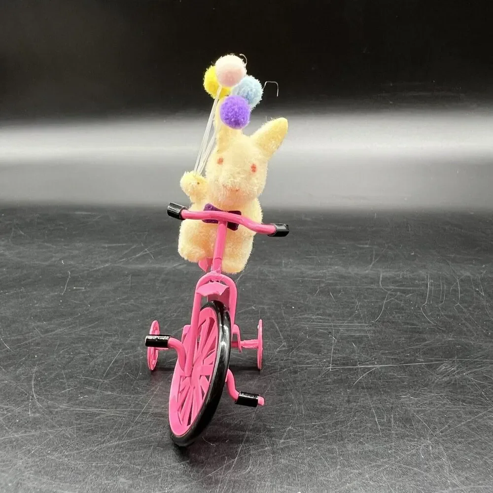 Flocked Bunny Riding Pink Bike with Balloons Ornament Metal Tricycle Rabbit